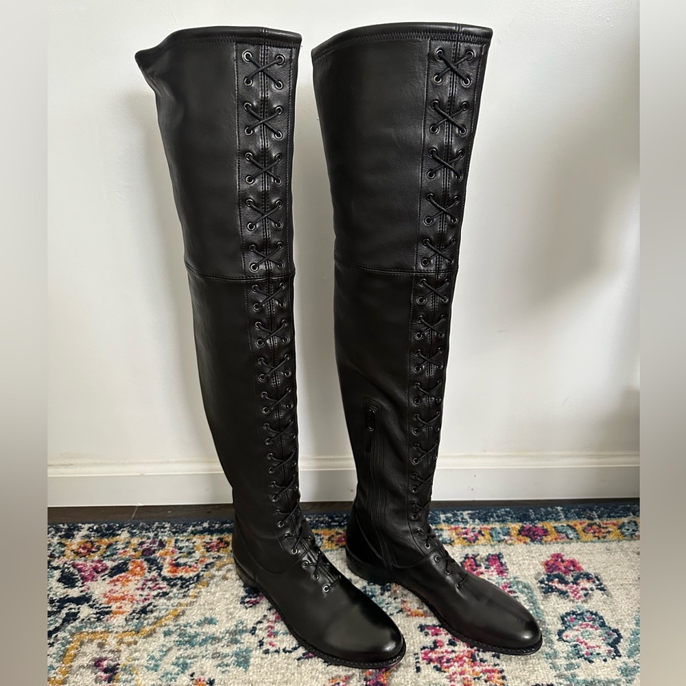 Stuart Weitzman Exes Black Leather Lace Up OTK Boots Size 9.5